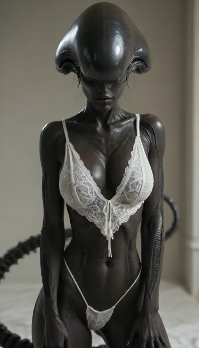 super sexy female xenomorph, ((female xenomorph black body)), incredibly sexy, cleavage, g string, lace, posing sexy