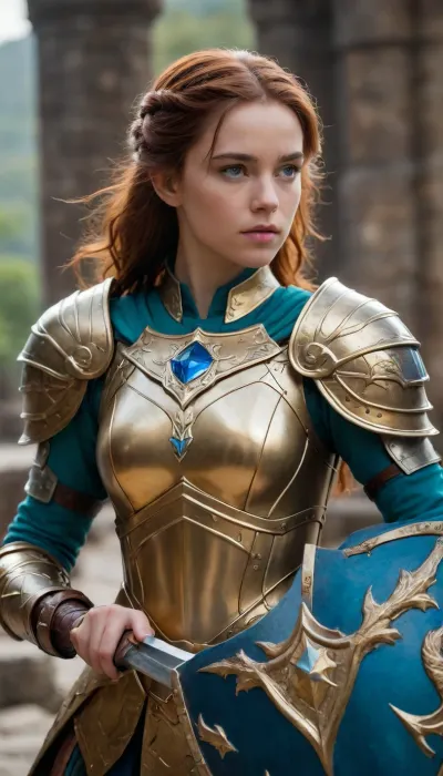 A girl in golden armor, in her right hand a beautiful sword framed by a sapphire handle, her hair is loose, the color of her hair is brown, in the middle of the armor there is a blue-green rhombus, in her left hand she is holding a shield, a shield made of beautiful silver metal, in the middle of the shield there is a dragon symbol. The girl is incredibly beautiful like a knight.