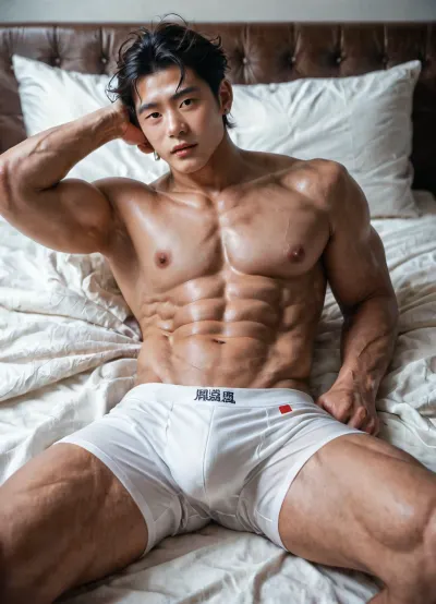 Photorealistic, ultra detailed, luxury hotel room, (fair skin chinese muscular man:1.5), white boxer, man lying on bed