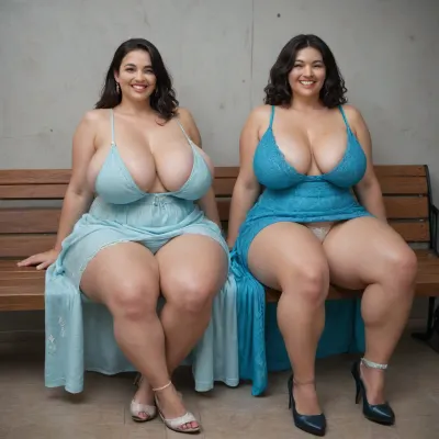 two 40 year old woman, two woman, sitting on the bench, (sexy bbw:1.4), very tall woman, large waist area, (two tall and large thigh long legs bbw woman:1.3), very healthy tits, (big saggy breasts:1.4), round buttocks, (smiling:1.3), chubby, (Layers for Straight black Hair:1.4), full lips, full length, (They are wearing sexy different dresses:1.8), sexy, laugh out loud, Casual sitting, (Casual sitting on the bench:1.5), not nude, (legs slightly apart and show lace panties:1.4), not naked, (bridal garter:1.2), high heels shoes, bench to sit on poolside