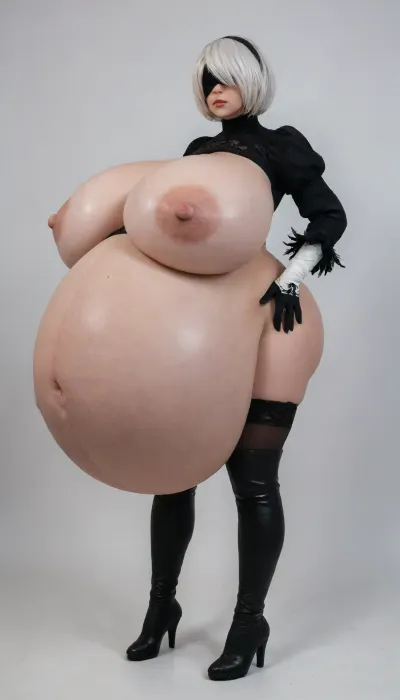 Yorha 2b from nier automata, 2b, 2b cosplay, standing, ((3/4 view)), ((extremely pregnant)), (((gigantic pregnant belly))), serious, black blindfold covering both eyes, (((huge gigantic breasts))), simple background, 2B_Nier_Automata_1024, blindfold, <lora:2B_Nier_Automata_1024:.4>, <lora:Blindfolded:.4>