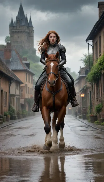 Set in medieval times. A woman is riding a horse down a village street. She is riding away from the viewer. there is a large foreboding castle in the distance. Lightning can be seen streaking across the sky. She has long messy auburn hair. She is wearing dark leather armor. The horse has a saddle and saddle bags. It is raining and there are puddles forming in the dirt. sharp scenery, lush background, ultra-detailed environment, natural textures, vibrant lighting, crisp clouds, realistic water surface, vivid skies, photo-real terrain, fantstyle, MythP0rt, raz'sscenesmith-mk.1
