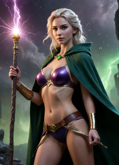 Elsa from frozen heart, Topless, (pretty face:1.8), (hood and cloak), medium breasts, covered nipples, muscular body, side view, epic fantasy, cinematic shot, dynamic lighting, (holds a black and gold staff topped with a glowing green gem), shattered cloud plateau, roaring thunderstorms and forked lightning, crumbling marble pillars raining debris, burning orange and violet storm glow, cinematic wide-angle, epic scale