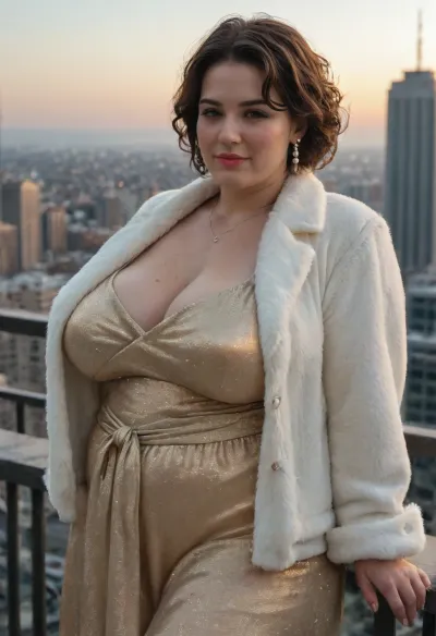 hyper busty, hyper buxom, hyper mega macromastia, protruding massive bosoms, SSBBW obese granny in a flowing luxurious silk ballgown with shimmering details, draped in a lavish fur jacket. soft curls frame her mature face, adorned with pearls and vintage earrings. golden age cinema style, nighttime cityscape, glowing clock tower balcony under the stars. she leans against the balcony railing, city lights glimmering below, dramatic moonlight highlights her immense figure, cinematic noir elegance.