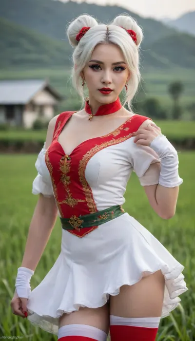 dynamic shot, painting, (medium), seb mckinnon, 1girl, solo, irelia_mythmaker, long hair, white hair, hair ornament, detached sleeves, multicolored hair, dress, bangs, thighhighs, facial mark, green eyes, Chinese clothes, earrings, hair bun, jewelry, red lips, red nails, very long hair, double bun, forehead mark, hair rings, white thighhighs, red shoes, portrait shot. Blurry background, outdoors, Asia, Asian, Rice Farms, Chinese Farmlands, (pin-up pose)