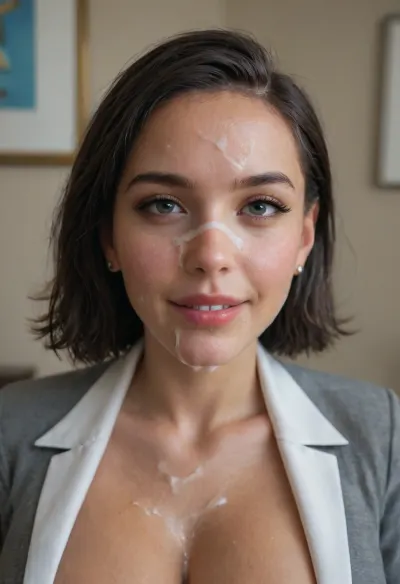 (Huge breasts:1.4), secretary, smile, sexy, seducing viewer, dark hair, bobcut, whore, aroused, Andi, tan skin, revealing breasts, (cum on face:2.1), happy, <lora:467443_training_data:.7>