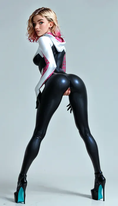 Gwen Stacy, spider-gwen costume, bent over, sexy clothes, black platform heel, show pussy