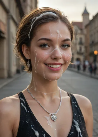 A Portrait of a beautiful woman.
dark brown hair, very short pixie cut, close‐cropped at the sides and back.
Forehead of medium width, hairline clean and well‐defined.
Eyebrows fairly thick, well shaped, slightly arched, matching hair color.
almond shaped Eyes, open, expressive, visible eyelashes.
prominent Cheekbones softly defined, not overly sharp.
proportional nose.
Moderate full lips
wide and genuine smile.
softly rounded yet clearly defined chin.
clean and sharp Jawline, but softened edges, face shape tends toward oval with mild angularity., (facial:1.8), ((Massive facial, lot of cum on face, cum on hair, cum on neck, cum on dress)), . Smiling. Black evening dress. Earings. Necklace., (head bent to the left), ., <lora:909601_training_data:1.2>, <lora:A_SHort_Cut_v3_SDXL:1.2>, Evening. Santorini.