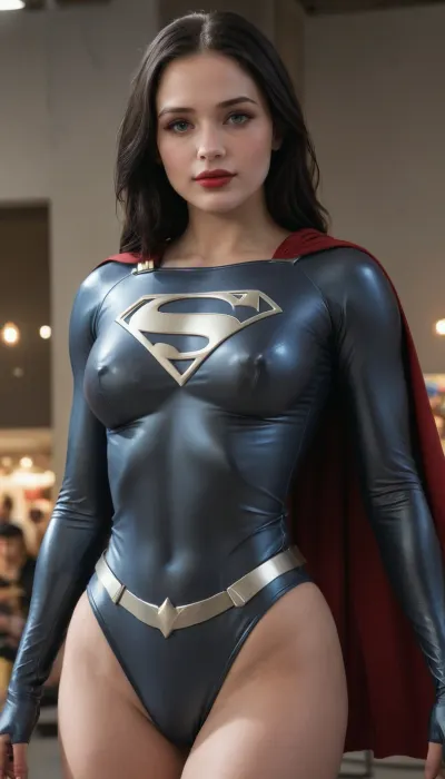 (18yo, beautiful, plump, tall, young goth girl), (narrow hips, small ass:1.1), (youthful, oval chubby face, small nose, rounded cheeks), pale skin, freckles, black hair, long bob, hairclip, large perfect detailed blue almond eyes, black lipstick, smokey eye makeup, (sexy black and silver Supergirl outfit:1.3), erect hard nipples, deep visible cameltoe, seductive smile on her face, posing at a comic convention . Tags, Ultra realistic, Masterpiece, Ultra detailed, High res, High resolution, 8k, UHD, Professional photography, (((score_9, score_8_up, score_7_up))), (crowd), onlookers, (bokeh background), (perfect hands and fingers, realistic detailed face, realistic detailed eyes, realistic detailed hair, realistic detailed body, realistic detailed skin, detailed firm d-cup breasts, detailed small ass), High, Resolution, More, Details, 8K, 4ng3l, face, {up}, <lora:add-detail-xl:.8>, <lora:SDXL_BetterFaces-LoRA_v1:.8>, <lora:dAIversityUnderstandingXLRealistic:.8>