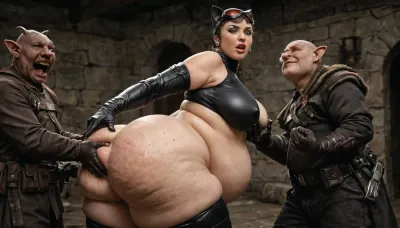 ((horny ugly goblins groping, grabbing and squeezing the obese fat ssbbw Catwoman in different position, meaty breasts, hyper size ass, wide hips, big belly with folds of fat)), obese, (slight cellulite:1.3), . horny and blusing, perfect chubby double chin face, perfect eyes, focused eyes, perfect fingers, masterpiece, best quality, ultra realistic, high definition, sharp focus, high budget, cinemascope, moody, epic, gorgeous, film grain, grainy, score_9, score_8_up, score_7_up, catwoman in a tight suit, (one breast out), no panties. evil goblins groping the fat ssbbw cat woman at night in a museum, dressed as a catwoman, ass and tits covered, seductive pose, erect nipples, thick thighs, Goblin, Mage, Warrior, Shaman, Assassin, fighter, monster, creature, <lora:655889_training_data:.8>, cat woman gets her fat ass hard grabbed and squeezed by angry, evil goblins
side view