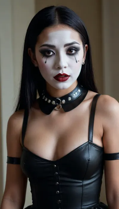 Asian, goth mime, dark skin, very tanned, 19-year-old girl, long black hair, shaved pussy, medium breasts, metal slave collar with ring, mime makeup.