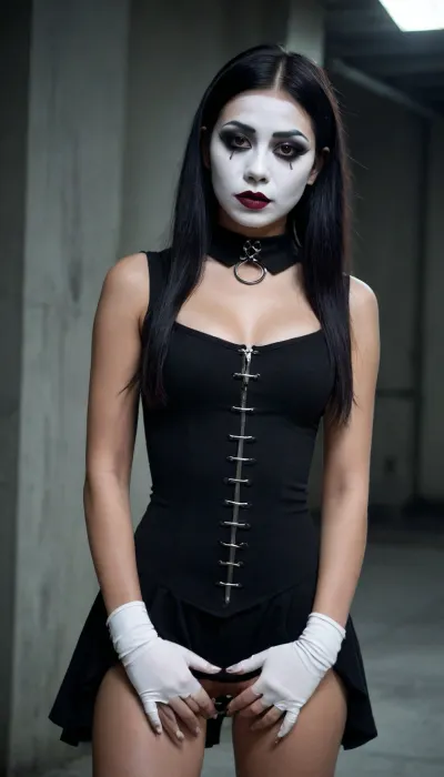 Asian, goth mime, dark skin, very tanned, 19-year-old girl, long black hair, shaved pussy, medium breasts, metal slave collar with ring, mime makeup.