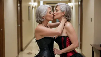 two lesbian, 70 years old, one with long blonde hair and the other with grey hair, (bob haircut), they are in a hotel hallway, black corset for one and red and black corset for the other, they wear black nylon stockings and sexy high heels, they hug each other and kiss each other on the mouth. Clients of the hotel look at them
