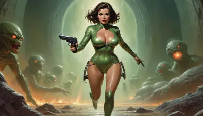 Richard Hescox style, full portrait view of a tempting and beautiful futuristic space maiden with huge breasts wearing a shiny suit and holding a rifle pistol with a horrified and shocked look on her face, she is running away from a giant glowing creature with a bulbous fluid eye, against the background of a dark and dank alien dungeon, by Adam Hughes, by Bill Ward, wide angle, super high angle, top view, bird's eye view, backglow, dynamic lighting, wet, greasy, green backlit, <lora:Richard Hescox Style:1>