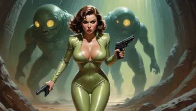 Richard Hescox style, full portrait view of a tempting and beautiful futuristic space maiden with huge breasts wearing a shiny suit and holding a rifle pistol with a horrified and shocked look on her face, she is running away from a giant glowing creature with a bulbous fluid eye, against the background of a dark and dank alien dungeon, by Adam Hughes, by Bill Ward, wide angle, super high angle, top view, bird's eye view, backglow, dynamic lighting, wet, greasy, green backlit, <lora:Richard Hescox Style:1>
