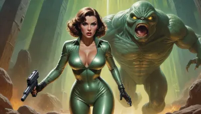 Richard Hescox style, full portrait view of a tempting and beautiful futuristic space maiden with huge breasts wearing a shiny suit and holding a rifle pistol with a horrified and shocked look on her face, she is running away from a giant glowing creature with a bulbous fluid eye, against the background of a dark and dank alien dungeon, by Adam Hughes, by Bill Ward, wide angle, super high angle, top view, bird's eye view, backglow, dynamic lighting, wet, greasy, green backlit, <lora:Richard Hescox Style:1>