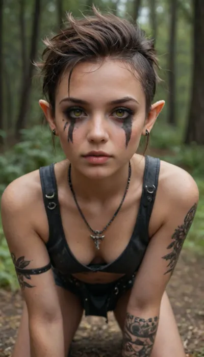 ((HD photorealistic)), fantasy elf female., wearing leather armor., in the forest., close up face, face paint, war paint, dark heavy eye makeup goth elf., freckles on her nose, . Ridiculously cute, flirty, lustful gaze, skinny, thin, petite, 20 year old emo punk goth pixie elf, Italian colored dark tanned skin, heavy dark eyeliner, smokey eyes, light golden brown or hazel eyes, cute small button nose., Short brunette hair, pixie cut, shaved head, messy hair., thigh high leather, on her knees, legs apart, view from behind, leaning forward, looking back at the viewer., showing small round ass and plump pussy., hazel, light green, perfecteyes, heavy, piercing eye contact., braided, side, Optional, Tribal, Body, Paint, Face, Tattoos, beaded, necklace, bone, earrings, bracelets, bangles, Fur, Lined, Crop, Top, Skirt, Loin, Cloth, <lora:PerfectEyesXL:1.5>, <lora:Braided_Sides_V1:1.5>, <lora:454069_training_data:2>, <lora:HGHD_FEMALE_ELF_STYLE-000009:2>, <lora:Anime_Jungle_Tribal_Style:2>