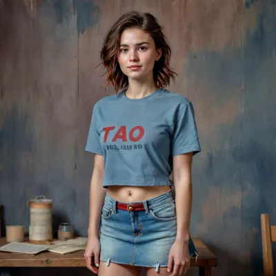 young magic woman, (dark redbrown hair), short wild sporty messy hair, shy smile, freckles, thick thights, croptop, (denim microskirt), trekkingboots, grey, greyblue, red, windyupskirt, dirty face, panties visible, (dimly lit:1.5), warm lighting, (light like in old painting:1.3), detailed skin texture, skin pores, detailed face, detailed nipples, sharp focus, photorealistic, hyperrealistic, high resolution, very detailed, 8k, RAW photo, highest quality, masterpiece