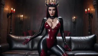 beautiful sexy woman posing, red eyes, cute face, standing, full black latex skin, gothic style, cameltoe, dragon skin, dark red accents, red diamond necklace, full view, big boobs, bare legs, black couch in dungeon, sits on the couch, large candlesticks in the background, good hands, perfect fingers, puppysuit, <lora:PuppySuit_XL:.5>
