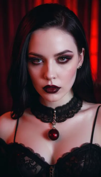 a very beautiful goth girl with pale skin and goth makeup with black lips deep throating a dick gracefully, gloomy red lighting, intimate moment, this is an awe inspiring masterpiece, <lora:PerfectEyesXL:.5>