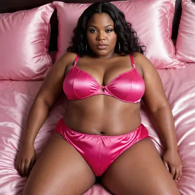 BBW ebony satin fetish, satin shorts, pink satin shorts. On satin sheets. Big tits, satin bra, non matching bra