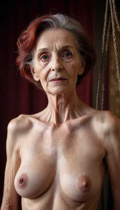 very old granny, 98-years old, skinny and bony body, anorectic, saggy wrinkly empty hanging breasts, pixoe hair, dark red hair.