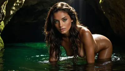 27 year old italian female supermodel, sexual, nude, black very long wavy hair, tanned body, emerald green eyes, piercing eyes, detailed face, seductive expression, textured skin, athletic body, c-cup perky breasts, perfect areolas, shaved pussy, arched back, perfect ass, kneeling in water, inside a dark cave surrounded by shallow water, green light, glistening water, wide angle shot, dark lighting, shadows, (photorealistic:1.4), professional photography, UHD, 8K