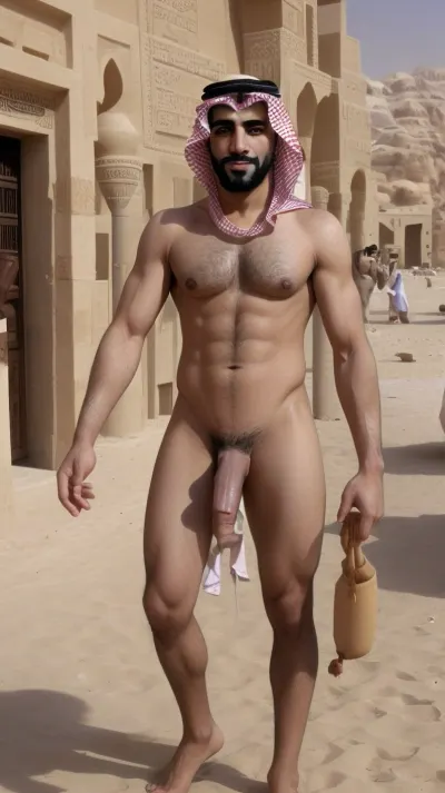 An Arab naked man with Arab characteristics shows his penis in the streets of Arabia.
