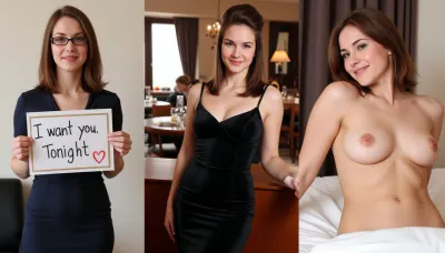 (side-by-side three pictures of a 35yo German woman with medium length brown hair), ., (On the first picture on the left she stands in an office, wears a business dress, glasses, and holds a handmade sign with text "I want you. Tonight"), (On the second picture in the middle she stands in an expensive restaurant, wears an elegant black evening dress and beautiful makeup, updo, jewelry, she is smiling seductively), (On the third picture on the right she seems very drunken and horny, ruined makeup, smeared mascara, (messy hair), nude, she is naked, (hairy detailed pussy), (wet pussy), laying on back in bed, full body view)