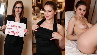 (side-by-side three pictures of a 35yo German woman with medium length brown hair), ., (On the first picture on the left she stands in an office, wears a business dress, glasses, and holds a handmade sign with text "I want you. Tonight"), (On the second picture in the middle she stands in an expensive restaurant, wears an elegant black evening dress and beautiful makeup, updo, jewelry, she is smiling seductively), (On the third picture on the right she seems very drunken and horny, ruined makeup, smeared mascara, (messy hair), nude, she is naked, (hairy detailed pussy), (wet pussy), laying on back in bed, full body view)