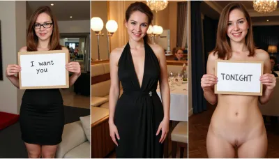 (side-by-side three pictures of a 35yo German woman with medium length brown hair), ., (On the first picture on the left she stands in an office, wears a business dress, glasses, and holds a handmade sign with text "I want you"), (On the second picture in the middle she stands in an expensive restaurant, wears an elegant black evening dress and beautiful makeup, updo, jewelry, she is smiling seductively and holds a handmade sign with text "TONIGHT"), (On the third picture on the right she seems very drunken and horny, ruined makeup, (messy hair), she is naked, (hairy detailed pussy), (wet pussy), full body view, focus on pussy and holds a handmade sign with text "Fuck me now!!")