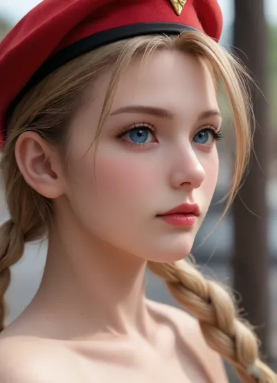 3/4 portrait view of Cammy from Street Fighter, view from side, nude, cute, 2 big braid hair, red beret