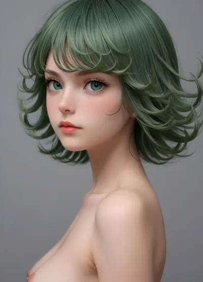 3/4 portrait view of tatsumaki from one punch man, view from side, nude, cute