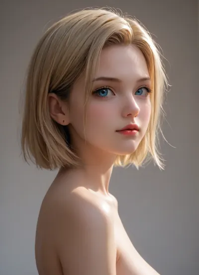 3/4 portrait view of Android 18 from Dragon Ball, view from side, nude, cute