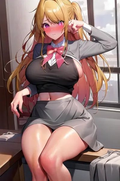 close up photo of woman getting reverse cowgirl anal fucked, masterpiece, hardcore porn photoshoot, intricate, incredible detail, panties to side, best quality, highly detailed, ultra-detailed, illustration, (hoshino ruby, mismatched pupils, star-shaped pupils, (blonde hair:1.2), long hair, school uniform, (grey skirt:1.3), natural skin texture, perfect large breasts, wide round hips, sideboob, sexy legs, (blush:1.5), rolling eyes), <lora:brj-hoshino-ruby-v1:1.2>, <lora:PovReverseCowgirlAnal-v2:.4>