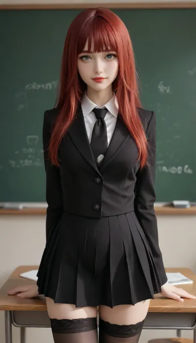 score_9, score_8_up, score_7_up, source_anime, source_explicit, flat colors, flat illustration, lineart, highly detailed, ultra detailed, girl as a goth, black makeup, black lips, blunt bangs, voluptuous body, grey eyes, big lips, lipstick, red hair long hair straight hair, wearing school uniform, blouse, black shirt with black tie, long sleeves, black pleated skirt, stockings, indoor background, blackboard, teacher's desk, front view, professional lighting, smile, posing