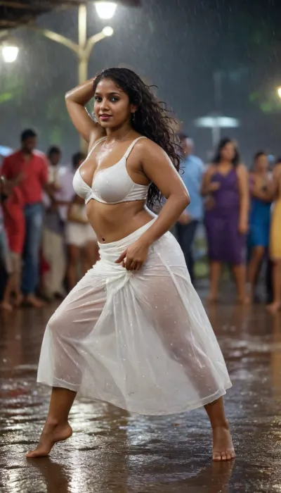 a perfectly curved enormous boobs thick thighs 30 years old married Haitian Bengali woman. white Onam traditional dress, from side bending over, club, night-life, wet uneven toned skin and clothes, wet wavy hair, (((a dancefloor outside, people dancing in the rain)))