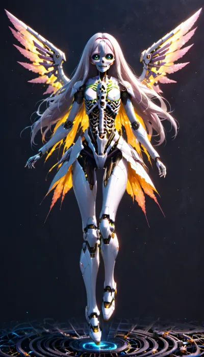 wide shot, 1 Girl, sexy slim girl, long hair with slight curls, pose, full body, hovering in air, exquisite and beautiful big eyes, exquisite features, detailed features, dark background, exo-bones mecha, bones, (half skeleton mask:.8), half skeleton body, white mecha, with a monster skeleton in background, (fractal), bones wings, (thick white fethers:1.5)