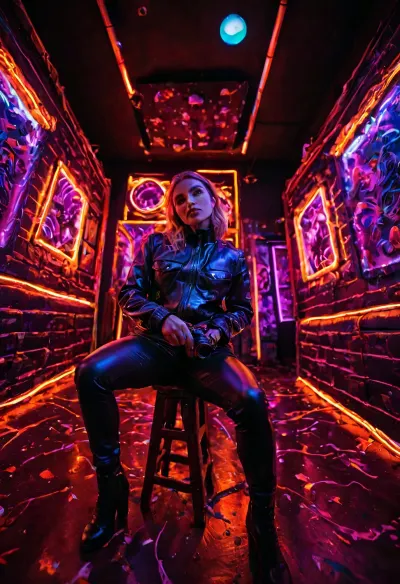 (shooting with a professional camera), (fish-eye effect), (neon lighting), (ultraviolet lamps), (bright paint), (luminescence), (leather clothing)