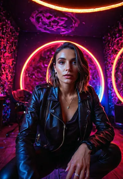(shooting with a professional camera), (fish-eye effect), (neon lighting), (ultraviolet lamps), (bright paint), (luminescence), (leather clothing)