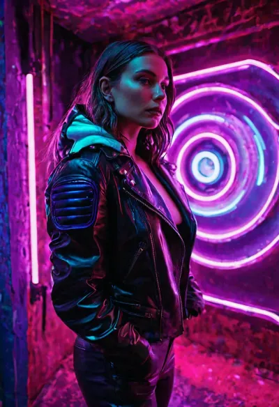 (neon lighting), (ultraviolet lamps), (bright paint), (luminescence), (leather clothing)