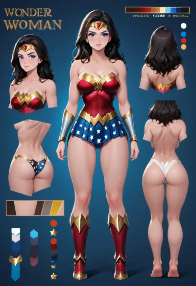 Wonder woman, Character Reference Sheet, The whole body is intact, Character design sheet, ((1 front view, Only 1 front view and 1 back view.)), A wonderful designer, 8k resolution, Ultra HD image output，A large white bow on his head.
