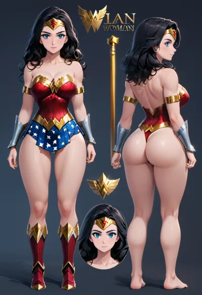 Wonder Woman, character reference sheet, the whole body is intact, character design sheet, ((1 front view, 1 back view, 1 side view)), a wonderful designer, 8k resolution, Ultra HD image output, a big white lean over your head.