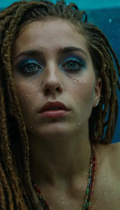 (lush hips), (dreadlocks), (punk), (emo), (anime), (fish eyes), (professional shooting), (LSD), (drugs), (hallucinations), (crank), (staff), drowned woman lies at the bottom, blue lips, sadness