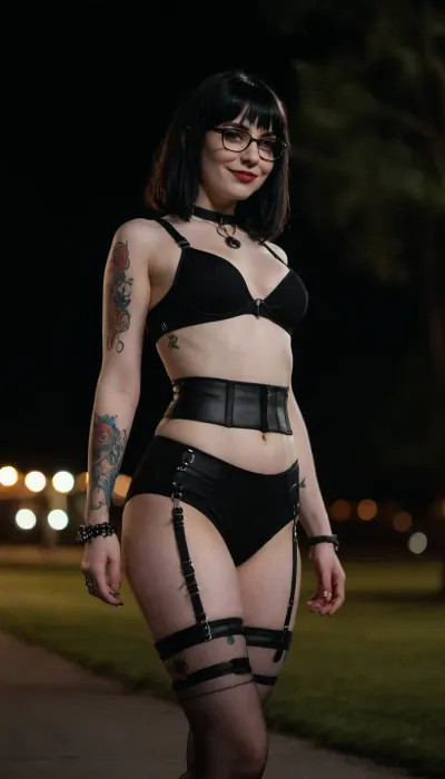 (contrapposto pose:1.2), goth, legs covered in tattoos, wide hips small waist thick legs and small boobs, well-built, smile, chocker with o-ring, she has pale skin, wearing glasses, she has long black hair with bangs, outdoor at night, side profile, dim lighting, bokeh, cum in face, waring only a gothic harness