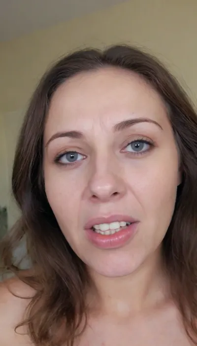 no makeup. angry face Russian brunette slim saggy grandmother 70 yo., very old grandmother, sagging skin on the face and neck, wrinkled face, wrinkles and folds, washed face without makeup unpainted, detailed face, bad skin fade without cosmetics, grey eyes saggy, long nose, large nasolabial folds, bad uneven crooked teeth with brackets, misaligned front teeth with brackets, drooping corners of the lips pointing downwards, angry expression, no makeup, thick hair, dense hair, volume waved hair, small flat saggy breast