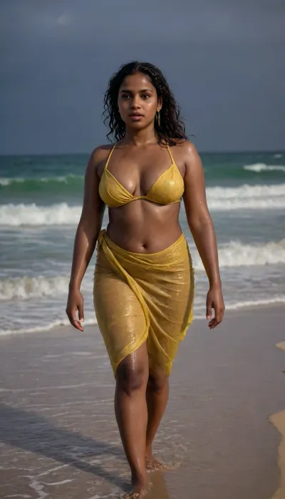 (sweaty wet oiled skin), Really pretty curvy bottom heavy body Haitian Bengali woman with wavy tied hair wearing traditional blouse and saree outfit in beach setting with clothed European and african tourists at night sweating a lot and getting wet in rain, raining atmosphere, (uneven skin tone)