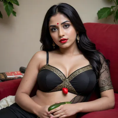 25 year old white indian girl, wearing black saree, laying, red lipstick, black hair, horny, cucumber in hand, full body, busty chest