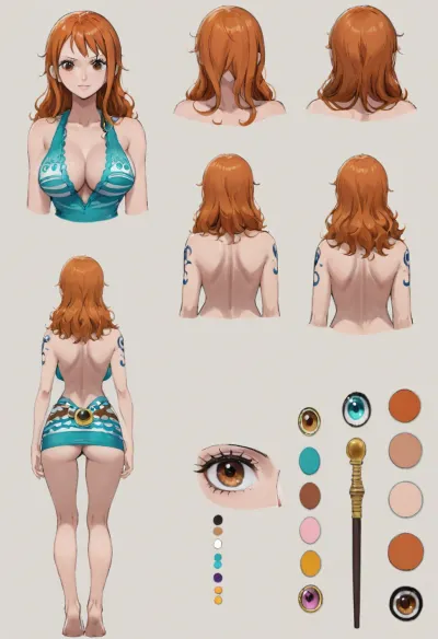 Nami one piece, character reference sheet, woman, pose intact, character design sheet, ((1 front view, back view)), a wonderful designer, 8k resolution, Ultra HD image output.