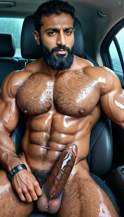 ('Afzal Khan' is Naked), Very ruggedly handsome Big Muscular Indian Muslim bodybuilders proudly showing their Big Cock while sitting in the Car at midnight, (Handsome and Hot Muslim hunks with very long beard), dark and rough Muslim men, (40 year old, Muslim, tall muscled Arab Indian dark male, rough, dominant, daddy, (hairy armpits and Chest), bodybuilder, enormous thick long dark cock, perfect fingers, oily Sweaty body, (wet messy hair), dilf, Big seductive eyes, Wet body), (big black circumcised penis with big testicles, ring pierced in penis), (rain drops), ultra sharp high definition details, pubic hair, professional photography, insanely detailed, RAW photo, HDR, hyper-realistic, cinematic lighting, photo realism, (Married Muslim Man wearing ring and muslim bracelet), Big, cock, <lora:xpenis-1.5e:.5>, <lora:pein:.5>